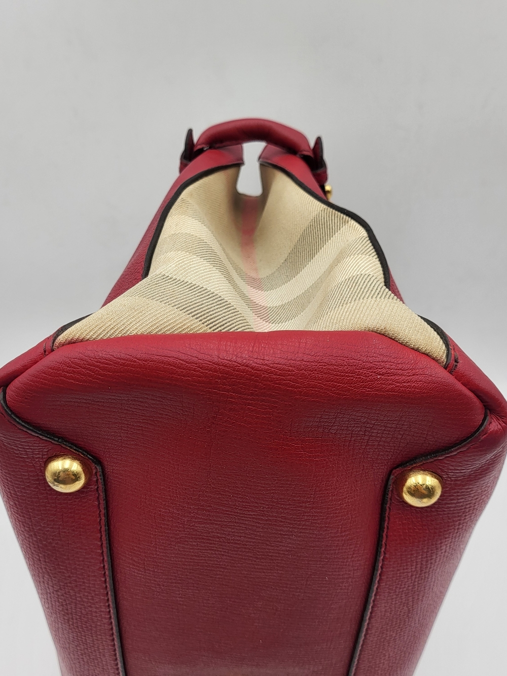 BURBERRY Grainy Calfskin House Check Medium Banner Tote Red, Auth w/COA. - Picture 7 of 16